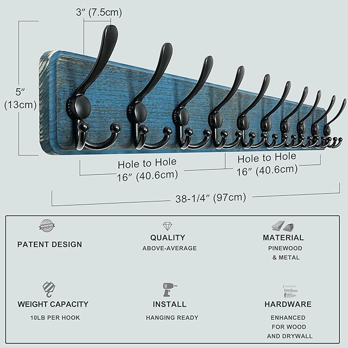 Dseap Coat Rack Wall - Heavy-duty 38-1/4" Long, with Reinforced 10 Custom Tri-Hooks, Solid Wood Wall Hanger for Coats Hat Jackets - Rustic Farmhouse Entryway Storage, Weathered Blue & Black, Pack of 2