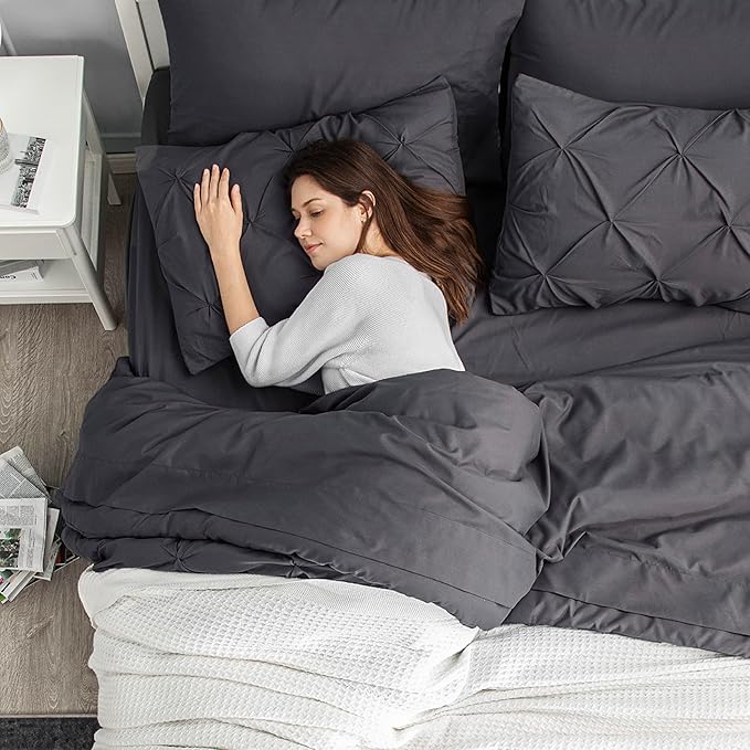 Bedsure King Size Comforter Set Dark Grey - Bed in a Bag Bedding Set 7 Pieces, GentleSoft™ Pintuck Bed Set Gift for Family, Pinch Pleat Dark Grey Comforter with Sheets, Pillowcases & Shams