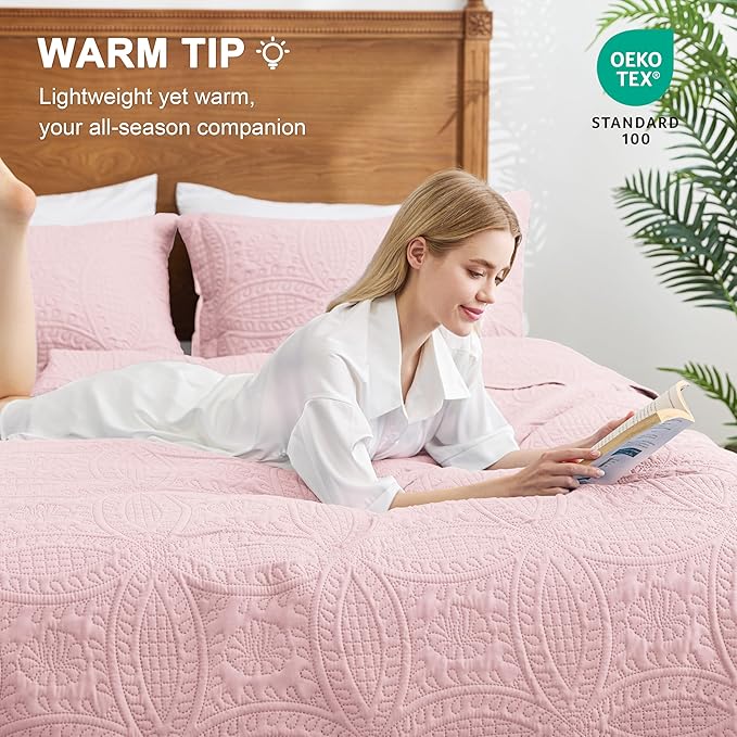 Love's cabin Quilts for Full Bed Pink Bedspreads Bedding Set - Lightweight Bedspread Comforter - Coin Pattern Bedding Coverlet for All Season - 3 Pieces (1 Quilt, 2 Pillow Shams)