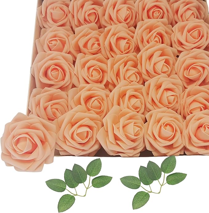 Artificial Rose Flowers 25pcs, Light Orange Foam Fake Rose Faux Flower for Wedding Bouquets Bridal Shower Centerpieces Floral Arrangements Home Decorations Party Backdrops Table