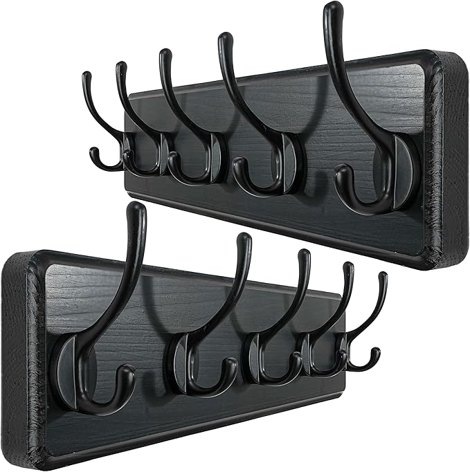 WEBI Wall Mounted Coat Rack, 16" Hole to Hole, Large Hanger Hook Rack, 5 Hooks for Hanging Coats, Hats, Jacket, Clothes, Entryway, Black, 2 Packs