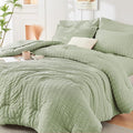 HYMOKEGE Light Green Twin Comforter Set Seersucker 5 Pieces, All Season Luxury Bed in a Bag for Bedroom, Bedding Set with Comforters, Sheets, Pillowcase & Shams