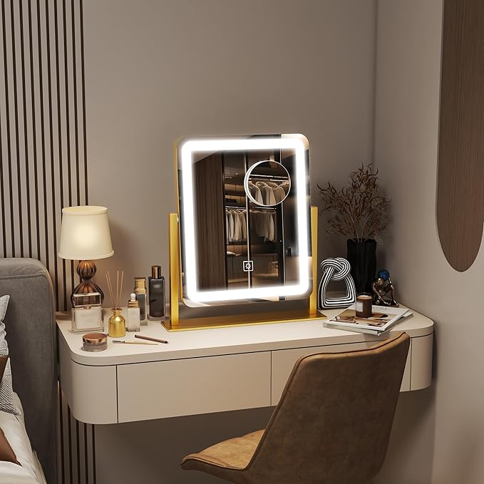 FENNIO Vanity Mirror with Lights - 15"x12.6" LED Lighted Makeup Mirror, Large Makeup Mirror with Lights, Touch Screen with 3-Color Lighting, Dimmable, for Vanity Desk Tabletop, Bedroom Gold