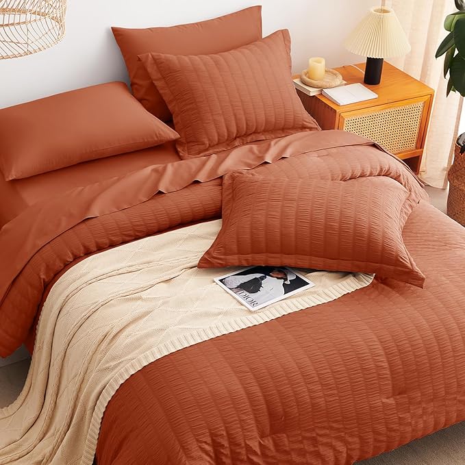 CozyLux King Size Comforter Set Burnt Orange Seersucker 7 Pieces Bed in a Bag King Comforter Set with Sheets Terracotta Luxury Bedding Set with Down Alternative Comforter, Sheets, Pillowcases & Shams