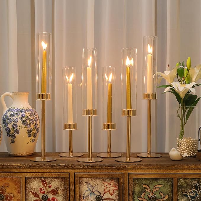 Hurricane Candle Holders Set of 3 Metal Candlestick Holder for Glass Taper Tall Candle Holders with Crystal Chimney Tube Candles Stands for Home Decor, Christmas, Dinning (3, Gold)