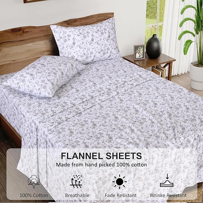 RUVANTI Flannel Sheets Full Size - 100% Cotton Double Brushed Bed Sheets Set, Deep Pockets 16 Inches, All Seasons Breathable & Extra Soft Full Sheets, Warm & Cozy, 4 Piece, Vintage Flora