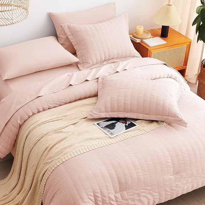 CozyLux King Size Comforter Set Blush Pink Seersucker 7 Pieces Bed in a Bag King Comforter Set with Sheets, Luxury Bedding Set with Down Alternative Comforter, Sheets, Pillowcases & Shams All Seasons
