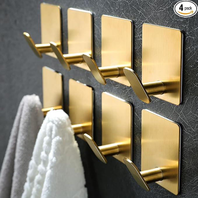 DELITON 8 Pack Gold Wall Hooks - Adhesive Towel Hooks for Bathrooms Kitchen Livingroom Garage, Heavy Duty Hook for Walls, No Damage, Stainless Steel