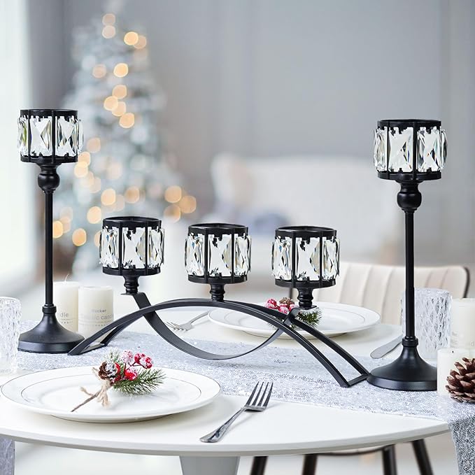 Black Set of 3 Crystal Candle Holders Arched - Elegant Tabletop Candelabra Centerpiece for Weddings, Dining Room Decor, Modern Home & Cabinet Display Housewarming