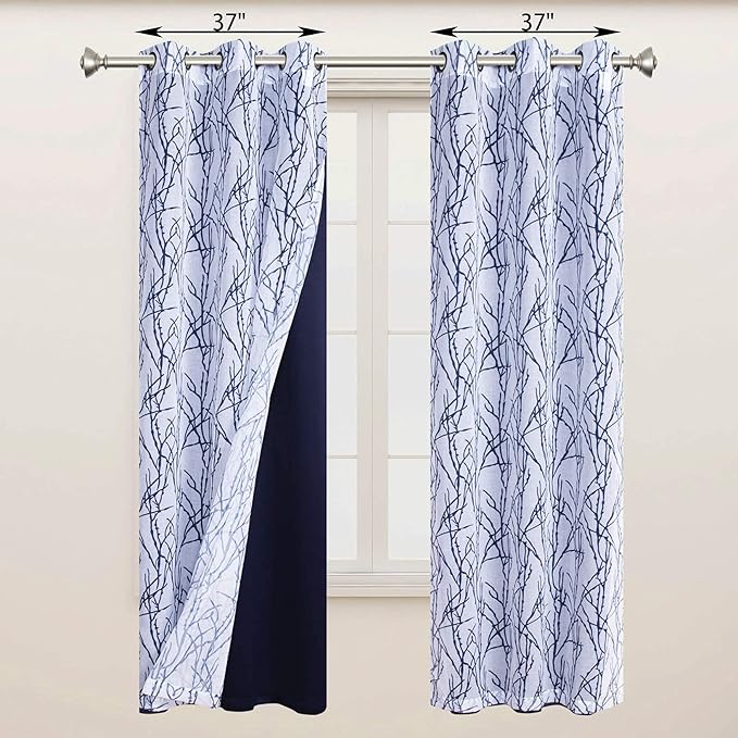 BONZER Mix and Match Curtains - 2 Pieces Branch Print Sheer Curtains and 2 Pieces Blackout Curtains for Bedroom Living Room Grommet Window Drapes, 37x95 Inch/Panel, Indigo, Set of 4 Panels