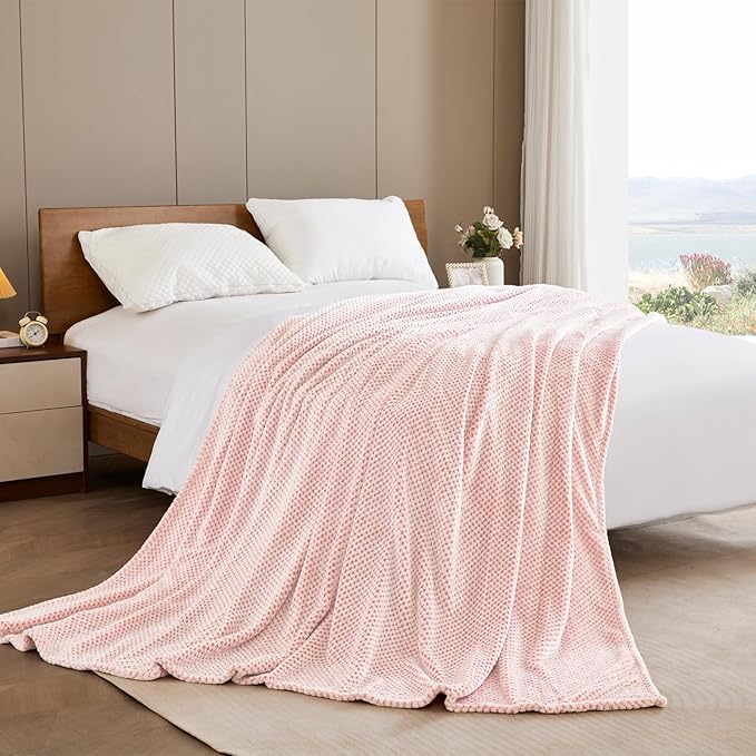 Exclusivo Mezcla Fleece Bed Blanket Queen Size, Super Soft and Warm Blankets for Couch, Sofa and Bed Waffle Textured, Cozy, Fuzzy and Lightweight (Mixed Pink, 90x90 Inches)