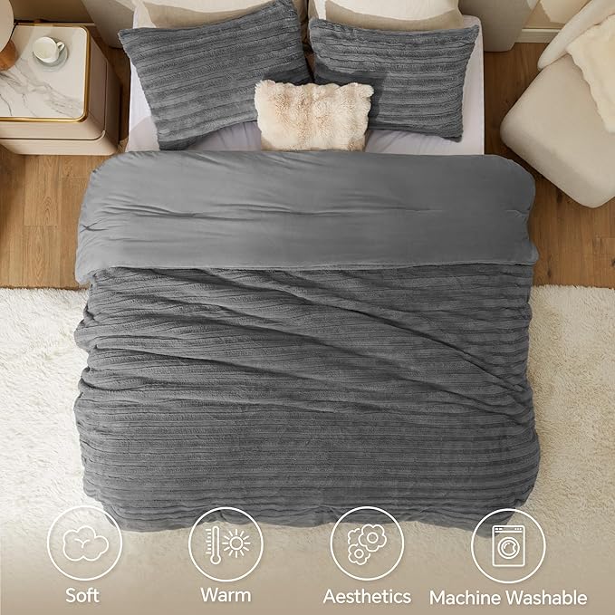 BEDELITE Fleece King Comforter Set -Super Soft & Warm Fluffy Grey Faux Fur Bedding, Luxury Fuzzy Heavy Bed Set for Winter with 2 Pillow Cases