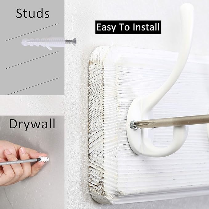 WEBI Coat Rack Wall Mount,Coat Hooks Wall Mounted,16" Hole to Hole,Large Coat Hanger Wall Hook Rack,5 Hooks for Hanging Coats,Hats,Jacket,Clothes,White,2 Packs