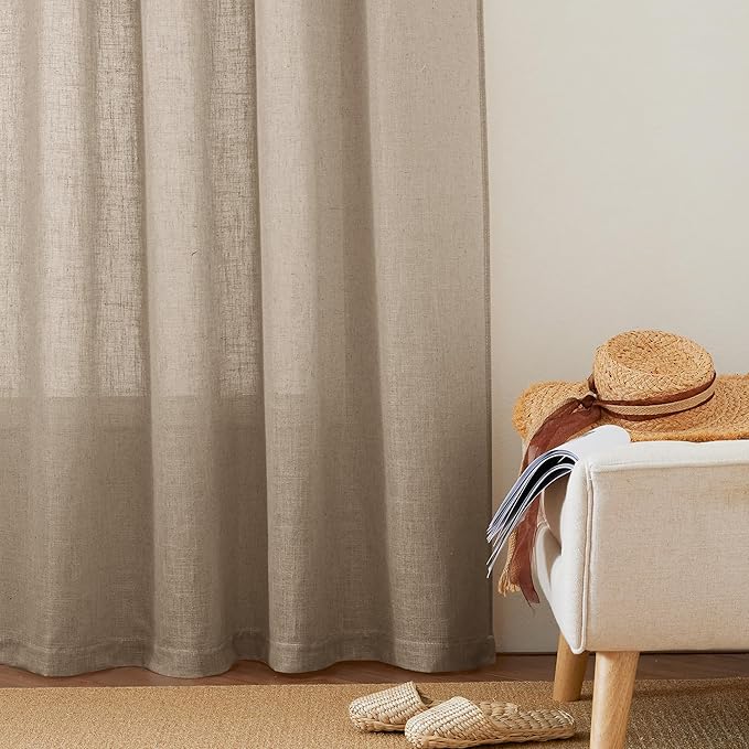 RYB HOME Flax Linen Blend Curtains for Dining Room Bedroom, Extra Long Rod Pocket Soft Textured Thick Linen Burlap Privacy Protection Light Filtering, W 70 x L 95 inches, Khaki, 2 Panels