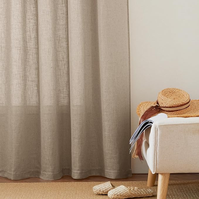 RYB HOME Linen Sheer Curtains for Small Window, Airy Breathable Absorbent Curtains & Drapes, Light Filter Half Privacy Protect for Study Room Office, Length 63 by Width 52 inch, 2 Panels, Khaki
