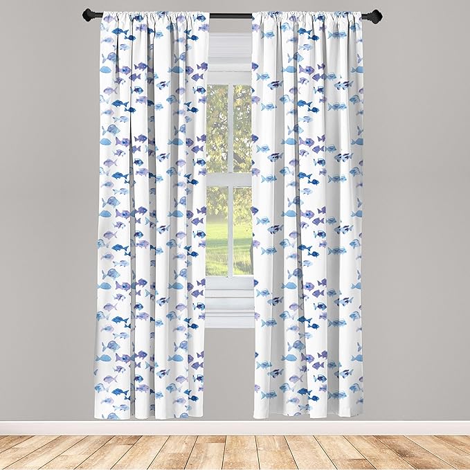 Ambesonne Animal Window Curtains Pack of 2, Little Fishes Watercolors Ocean Underwater Life Marine Theme Art, Lightweight Set with Rod Pocket, 4 Panels of - 28" x 95", Blue