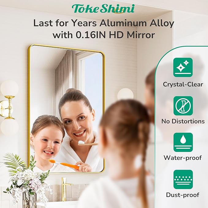 TokeShimi 16x20 Brushed Gold Bathroom Mirror,Vanity Mirror Bathroom Wall with Tempered Glass,Modern Metal Framed Mirror with Aluminum Frame(Horizontal/Vertical)