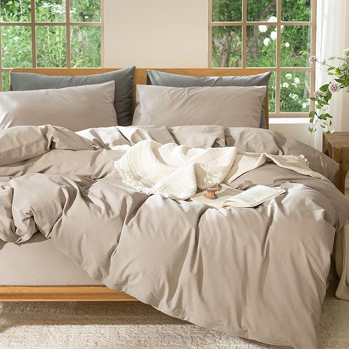 MooMee Bedding Duvet Cover Set 100% Washed Cotton Linen Like Textured Breathable Durable Soft Comfy (Heathered Taupe, Twin 68"x90")