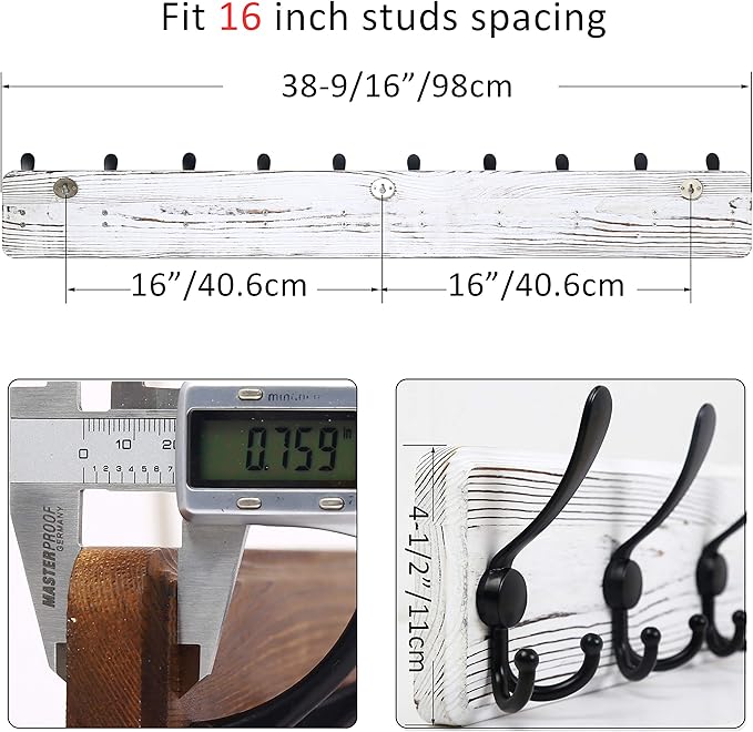 WEBI Wall Mounted Coat Rack, 38 9/16" Long, 10 Hooks, Wood Hanger Rail With Triple Hooks for Hanging Clothes, Jackets - Black/White, 2 Packs