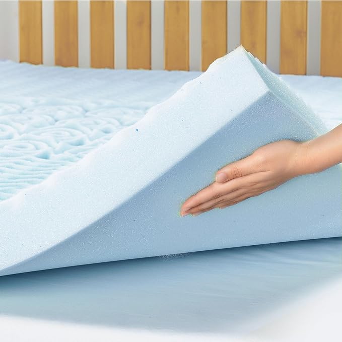 Mellow 4 Inch 5-Zone Memory Foam Mattress Topper, Cooling Gel Infusion, Dorm Essentials, Queen Blue