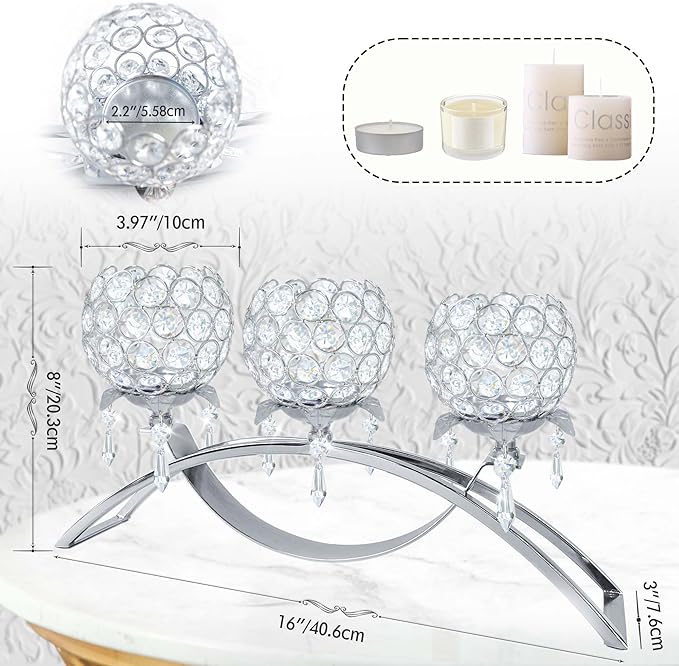 Set of 3 Gold Crystal Tea Light Candlestick Holders Flower Shape with Crystal Pendant Bowl Votive Metal Candle Holder for Table Centerpieces Wedding Home Decor (Silver, 3 arm)