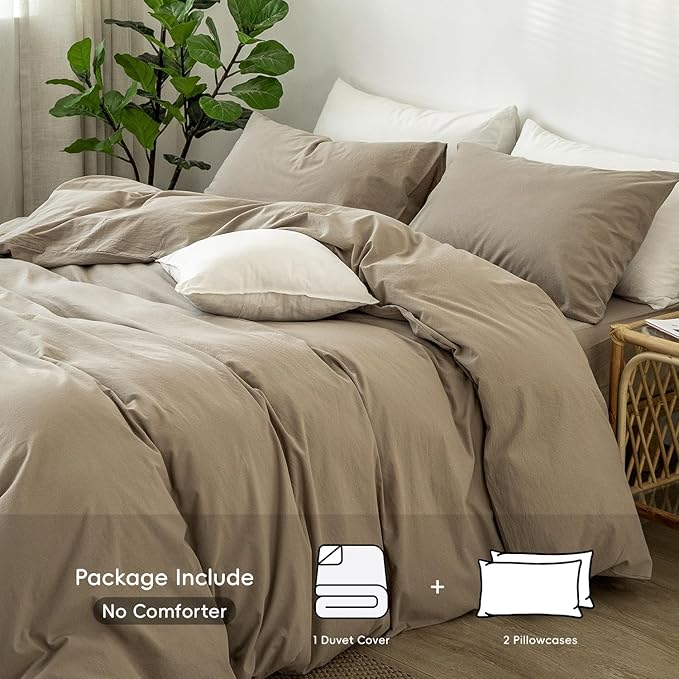 MooMee Bedding Duvet Cover Set 100% Washed Cotton Linen Like Textured Breathable Durable Soft Comfy (Solid Light Camel, Queen 90"x90")