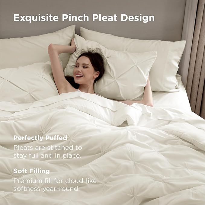 Bedsure Queen Comforter Set Ivory - Bed in a Bag Queen Size Bedding 7 Pieces, GentleSoft™ Pintuck Bed Set Gift for Family, Pinch Pleat All Season Comforter with Sheets, Pillowcases & Shams