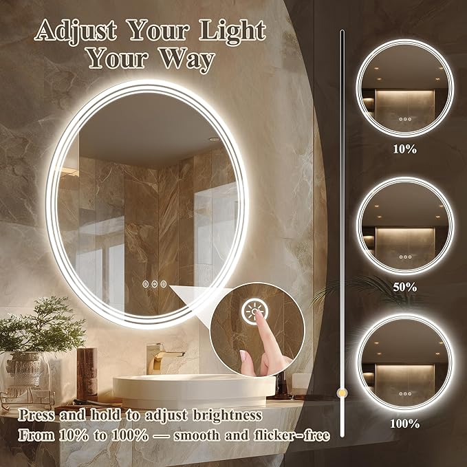 36''x36'' Lighted Mirrors for Bathroom Wall Backlit + Front Lit, Round LED Bathroom Mirror Frameless with Lights Anti Fog, Dimmable, 3 Colors,Tempered Glass, Shatter-Proof