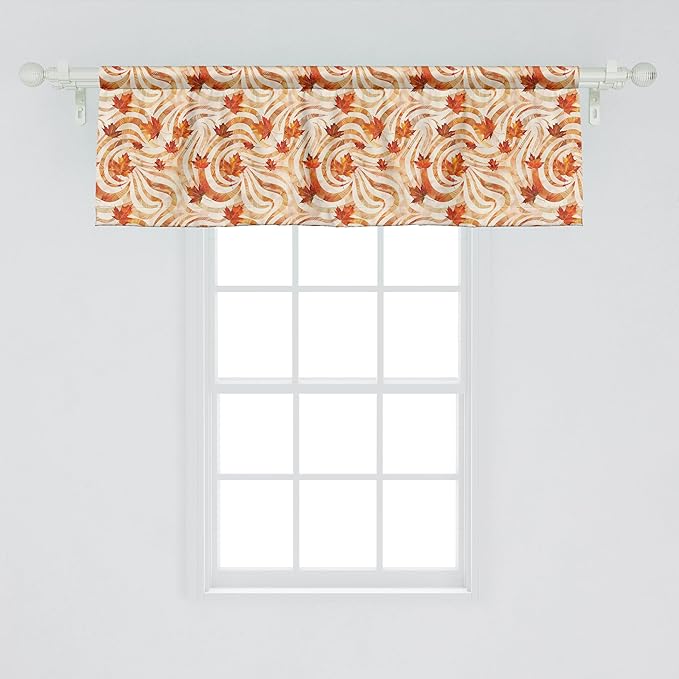 Ambesonne Fall Window Valance, Autumnal Theme with Swirly Intricate Shapes and Flying Leaves Print, Curtain Valance for Kitchen Bedroom Decor with Rod Pocket, 54" X 18", Ginger Marigold and Beige
