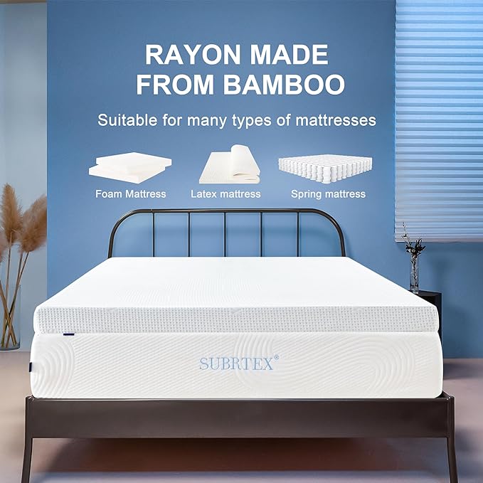 Subrtex 3 Inch Mattress Topper Cover (Only Cover) Mattress Topper Protector Bedding Rayon Made from Bamboo Removable Mattress Encasement with Zippers, CK