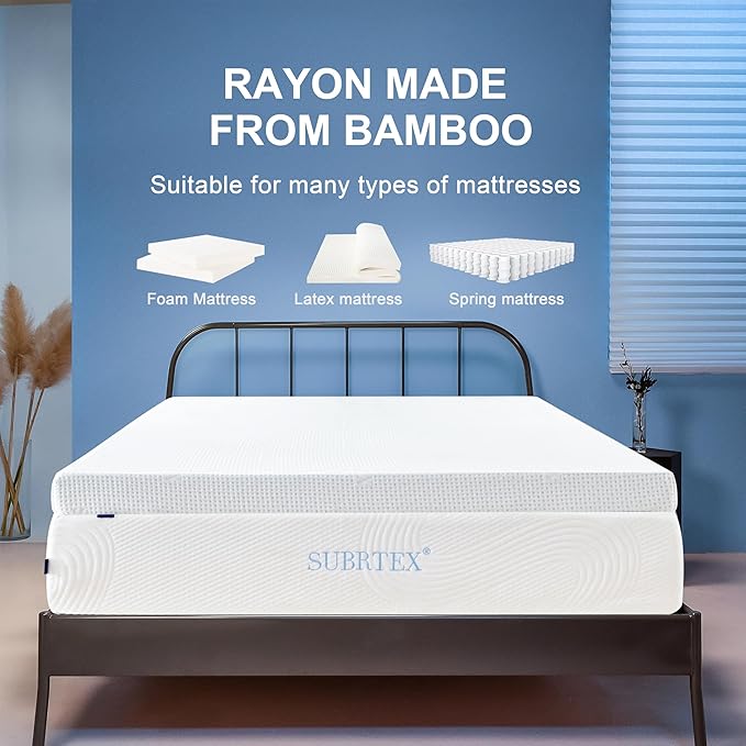 Subrtex 3 Inch Mattress Topper Cover (Only Cover) Mattress Topper Protector Bedding Rayon Made from Bamboo Removable Mattress Encasement with Zippers, Full