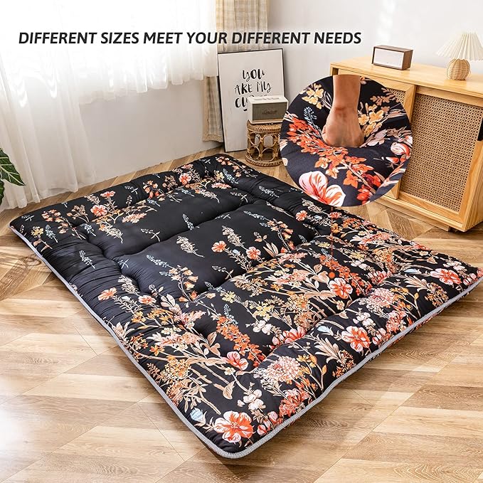 MAXYOYO Black Floral Japanese Futon Floor Mattress, Bed Mattress Topper Portable Thick Sleeping Pad Floor Bed Roll Up Camping Mattress Folding Couch Bed Mattress Pad for Guest Room King