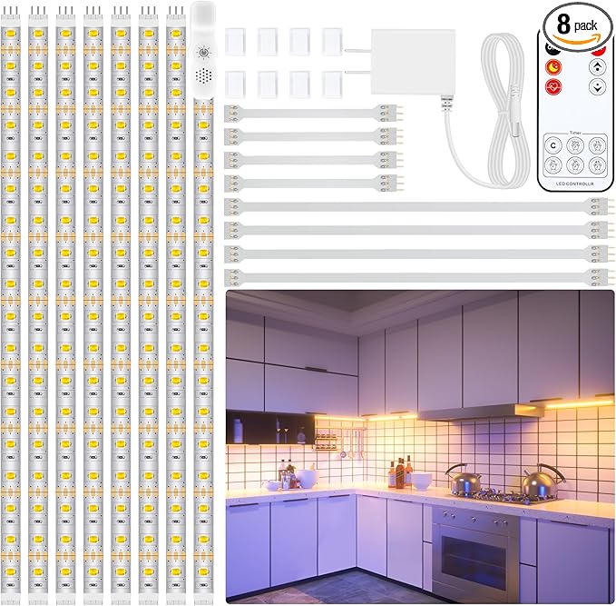 LAFULIT Under Cabinet Lighting Kit - 8 PCS 20 Inch Pre-Cut Strips, 2700K Warm White Flexible LED Strip Lights with Remote and Power Adapter for Kitchen Cabinets, Shelf, Desk, Counter - 13ft