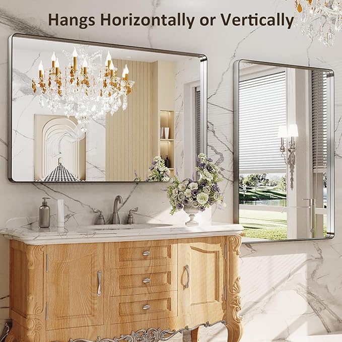 LOAAO 48X32 Inch Brushed Nickel Bathroom Mirror, Rounded Rectangle Silver Metal Frame Mirror, Brushed Nickel, Anti-Rust, Shatter Proof, Hangs Horizontally or Vertically
