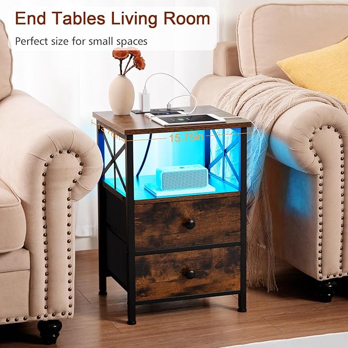 AMHANCIBLE Night Stand Set 2, LED Nightstand with Charging Station, End Tables Living Room with Fabric Drawers, Bedside Table for Bedroom, Rustic Brown, HET052LBR