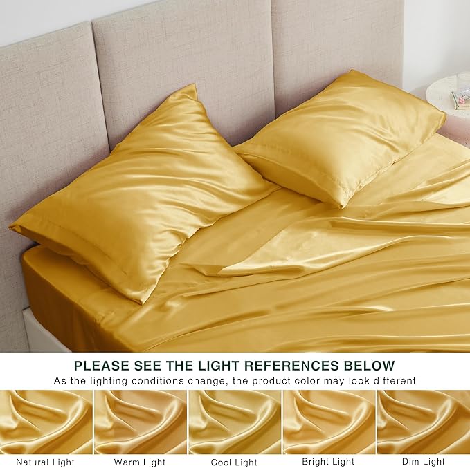 Love's cabin Satin King Sheet Sets - 4 Piece Gold Silky Sheets King Size Bed with Deep Pocket, Luxury Silk Feel King Size Satin Sheet Set (1 Flat Sheet,1 Fitted Sheet,2 Pillow Cases)