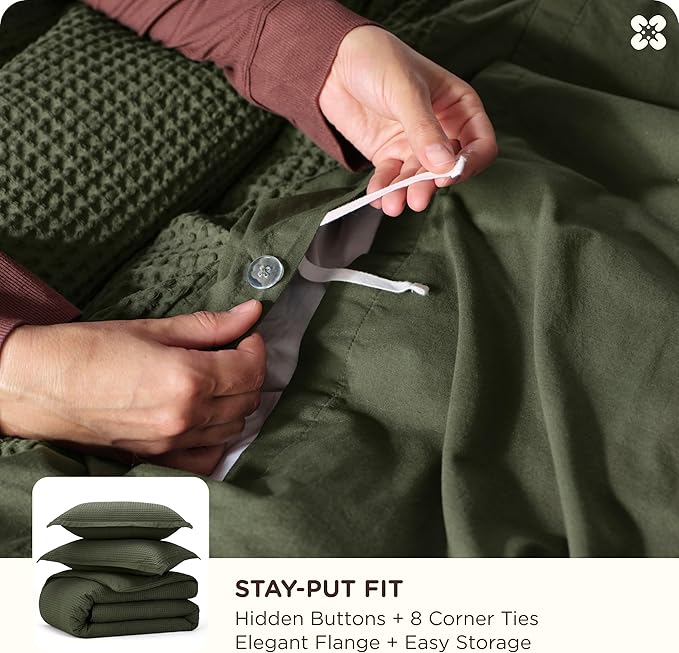 Bedsure Cotton Duvet Cover King - 100% Cotton Waffle Weave Olive Green Duvet Cover King Size, GentleSoft™ and Breathable Bedding Set for All Season, 3 Pieces, 104"x90"