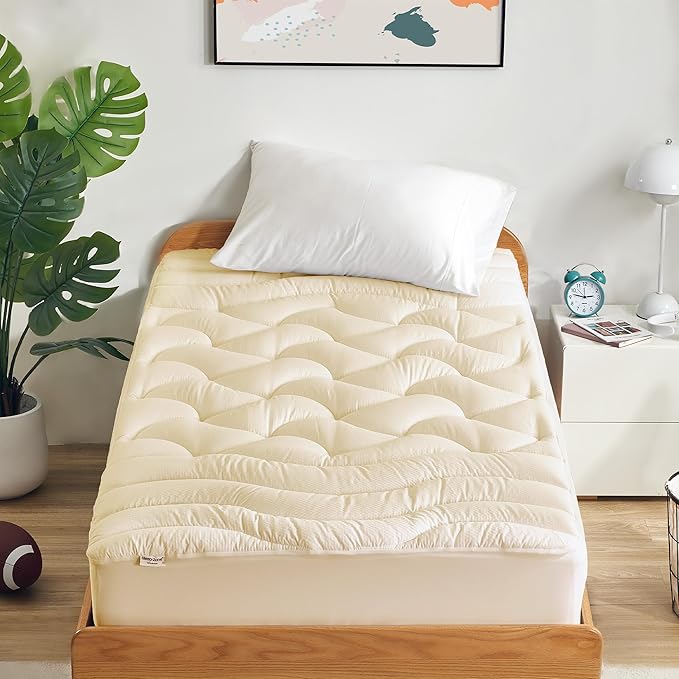 SLEEP ZONE Cooling Twin Mattress Topper for Single Bed, Premium Zoned Cool Mattress Pad Cover, Padded Mattress Protector Breathable Washable, Deep Pocket 8-21" (Beige, Twin)