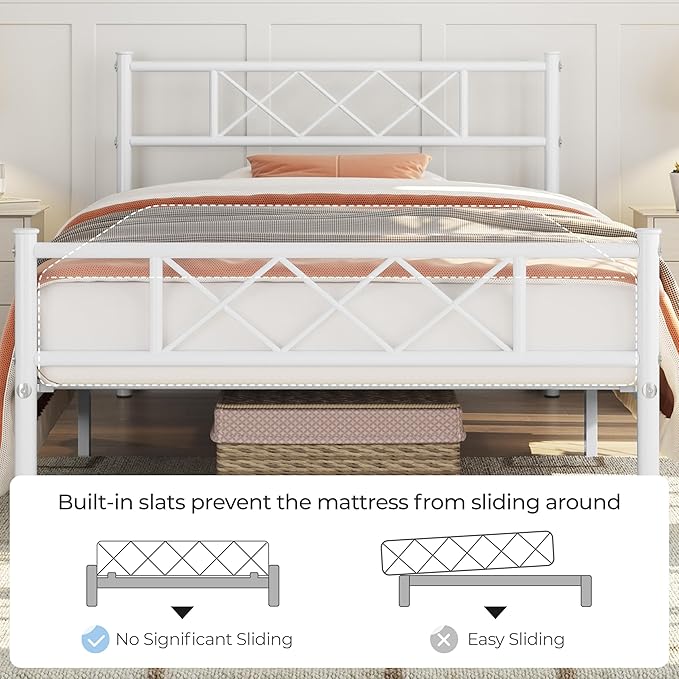 Yaheetech Twin Size Metal Platform Bed Frame with Simple Headboard and Footboard, Mattress Foundation for Under Bed Storage, Steel Slat Support, No Box Spring Needed, Easy Assembly, White