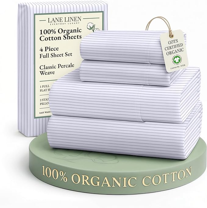 LANE LINEN 100% Organic Cotton Full Sheet Set, Low Pilling Fade Resistant Machine Washable Naturally Cooling Full Bed Sheets, Soft & Comfy Printed Cotton Bedding- Blue Ticking Stripe