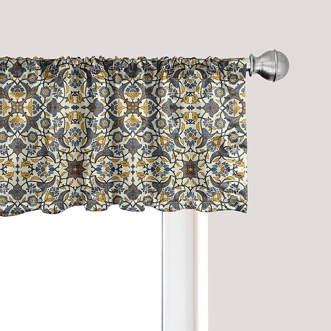Ambesonne Turkish Pattern Window Valance Pack of 2, Flowers in and Traditional Style, Rod Pocket Curtain Valances for Kitchen Bedroom, 42" X 18", Earth Yellow Slate Blue