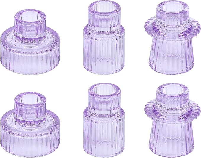 Vixdonos Taper Glass Candlestick Holders Tealight Candle Holders for Table Centerpieces, Wedding Decor and Dinner Party (6 Pcs, Purple)
