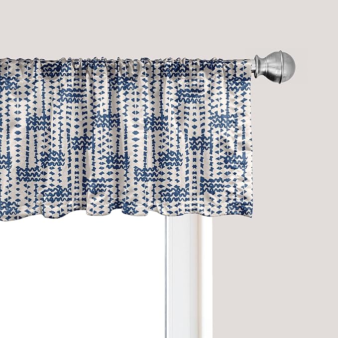 Ambesonne Ethnic Window Valance, Messy Waves and Small Triangles Indonesian Traditional Pattern Watercolors, Curtain Valance for Kitchen Bedroom Decor with Rod Pocket, 54" X 18", Navy Blue and Cream