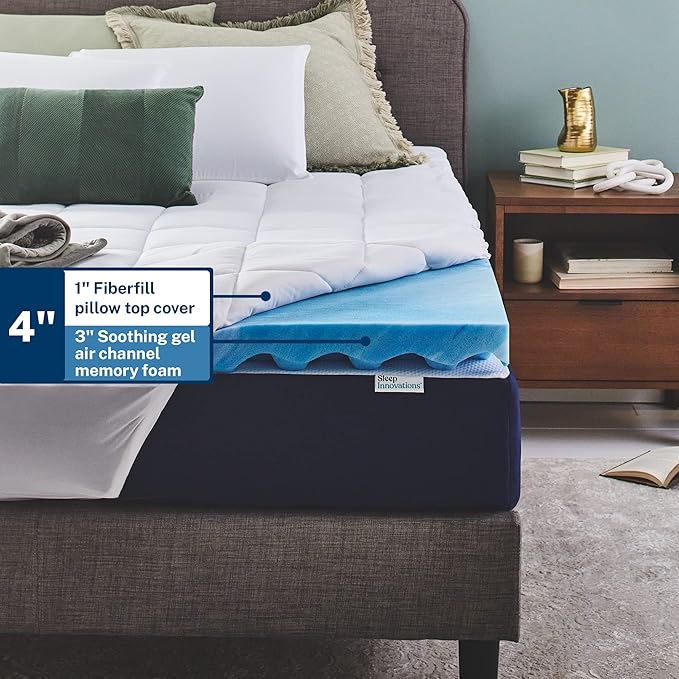 Sleep Innovations Dual Layer 4 Inch Memory Foam Mattress Topper, Full Size, Ultra Soft Support, 3 Inch Cooling Gel Memory Foam Plus 1 Inch Fluffy Pillow Top Cover