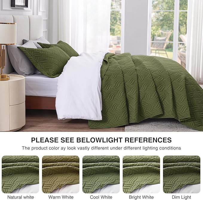 Love's cabin California King Size Quilt Bedding Set Olive Green Bedspread - Cal King Summer Lightweight Bedspread Comforter - Wave Pattern Coverlet for All Season - 3 Pieces (1 Quilt, 2 Pillow Shams)