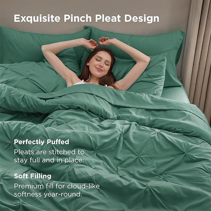 Bedsure King Size Comforter Set Graysih Green - Bed in a Bag Bedding Set 7 Pieces, GentleSoft™ Pintuck Bed Set Gift for Family, Pinch Pleat Graysih Green Comforter with Sheets, Pillowcases & Shams
