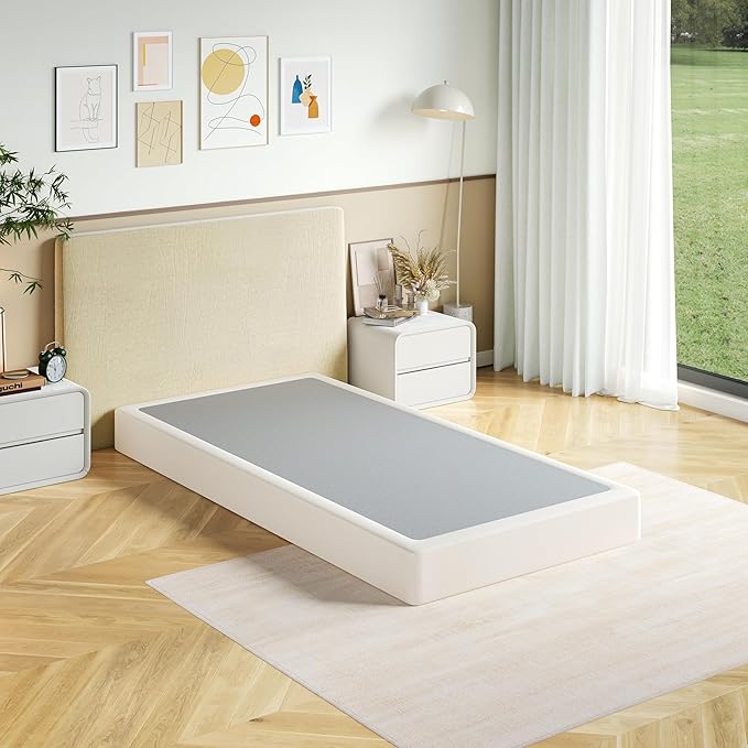 Box Spring Twin Size, 7 Inch Low Profile Metal Frame Mattress Foundation, 3000 lbs Heavy Duty Boxspring with Fabric Cover, Easy Assembly, Noise Free, Non-Slip