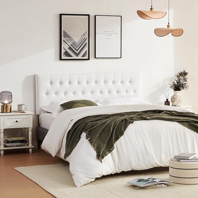 Tufted Upholstered Headboard California King Size, Solid Wood Head Board with Durable Metal Legs, Adjustable Height Bed headboard from 37” to 51” Fabric Headboard in Button Design, White