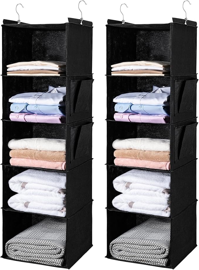 BOOMIBOO Hanging Closet Organize and Shelves，5-Hanging Shelf with 2 Side Pockets，Storage Foldable （2 Pack,Black）