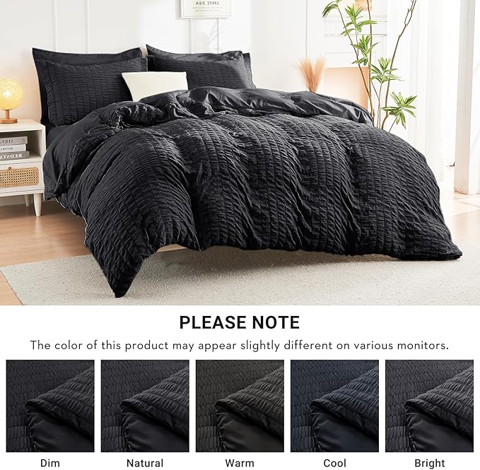 HYMOKEGE Black California King Comforter Set Seersucker 7 Pieces, All Season Luxury Bed in a Bag for Bedroom, Bedding Set with Comforters, Sheets, Pillowcases & Shams